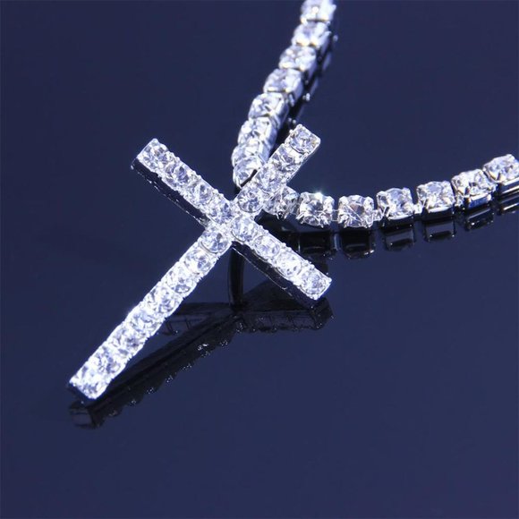 Big Cross Necklace Tennis Chain Crystal Rhinestone Choker Necklace Women Collar - Picture 3 of 8